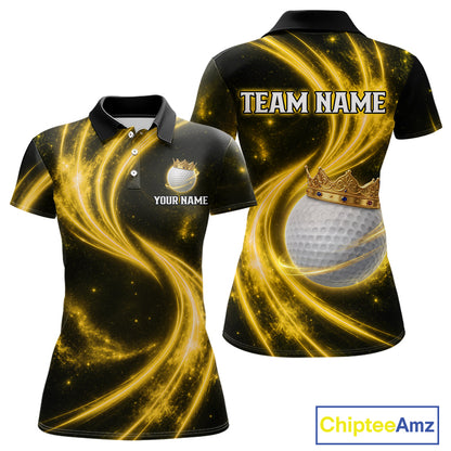 Women's galaxy yellow crown golf ball polo shirt, custom golf apparel, crown golf ball golf shirt, ladies golf clothing