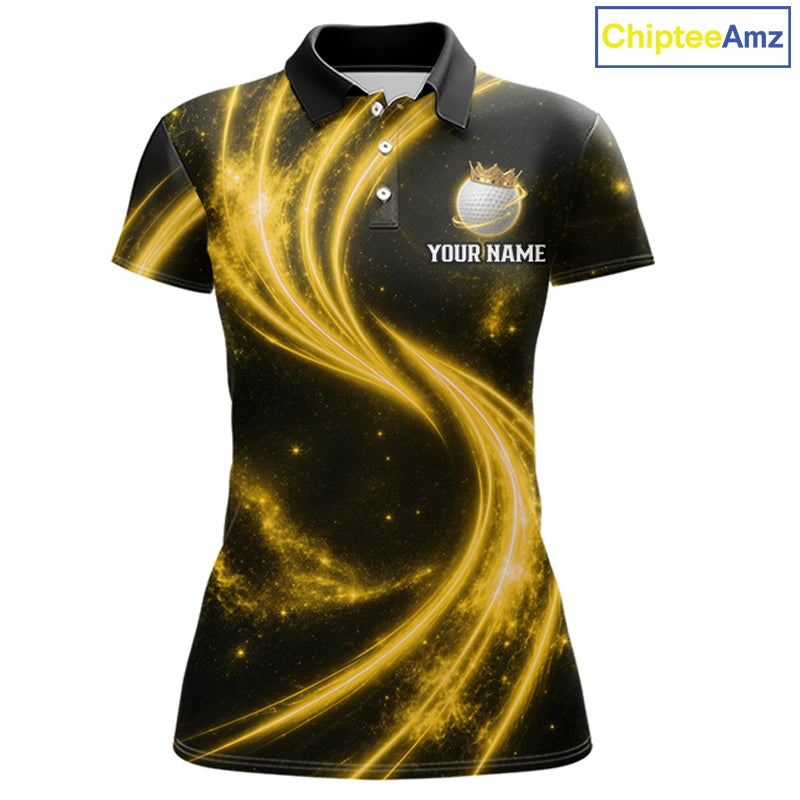 Women's galaxy yellow crown golf ball polo shirt, custom golf apparel, crown golf ball golf shirt, ladies golf clothing