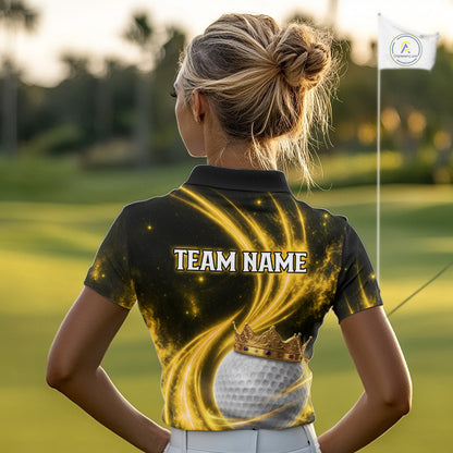 Female golfer wearing galaxy yellow crown golf ball polo shirt, women's golf apparel, tournament golf outfit