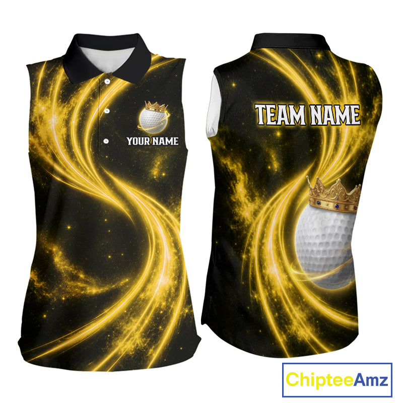 Women's galaxy yellow crown golf ball polo shirt, custom golf apparel, crown golf ball golf shirt, ladies golf clothing