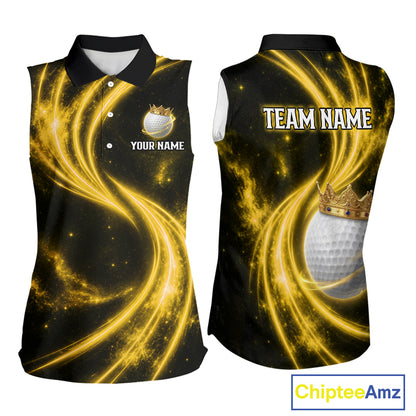 Women's galaxy yellow crown golf ball polo shirt, custom golf apparel, crown golf ball golf shirt, ladies golf clothing