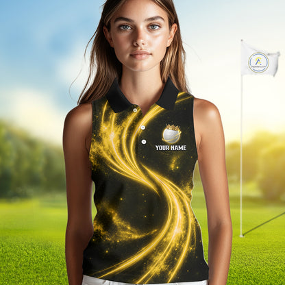 Female golfer wearing galaxy yellow crown golf ball polo shirt, women's golf apparel, tournament golf outfit