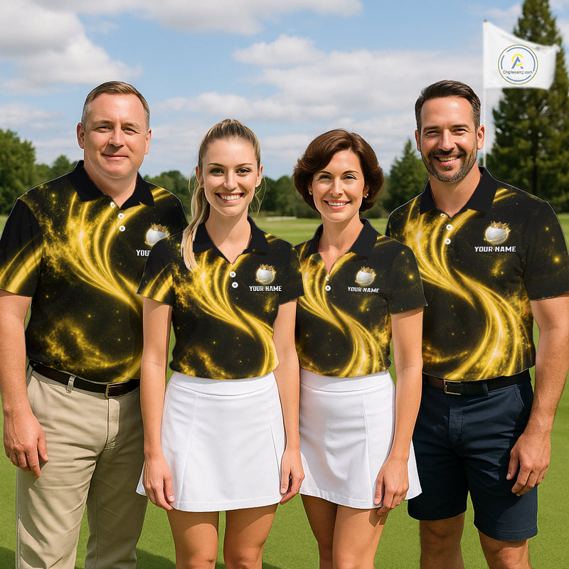 Men women golf team wearing matching galaxy yellow crown golf ball golf polo shirts, custom golf team uniforms, golf tournament apparel