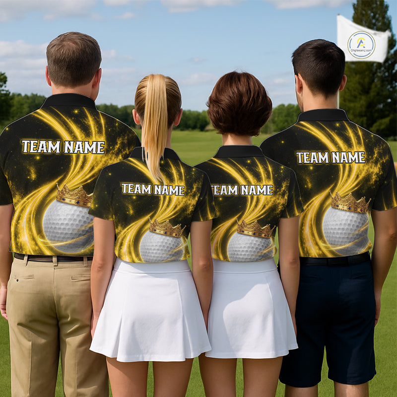 Men women golf team wearing matching galaxy yellow crown golf ball golf polo shirts, custom golf team uniforms, golf tournament apparel