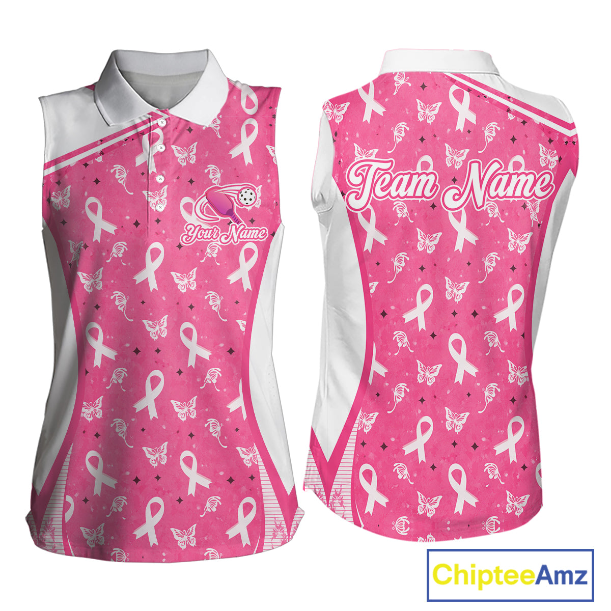 Pink Ribbon Butterfly Women's Pickleball Sleeveless Polo, Breast Cancer Awareness Pickleball Polo, Personalized Charity Tournament Apparel, Hope, Courage & Strength
