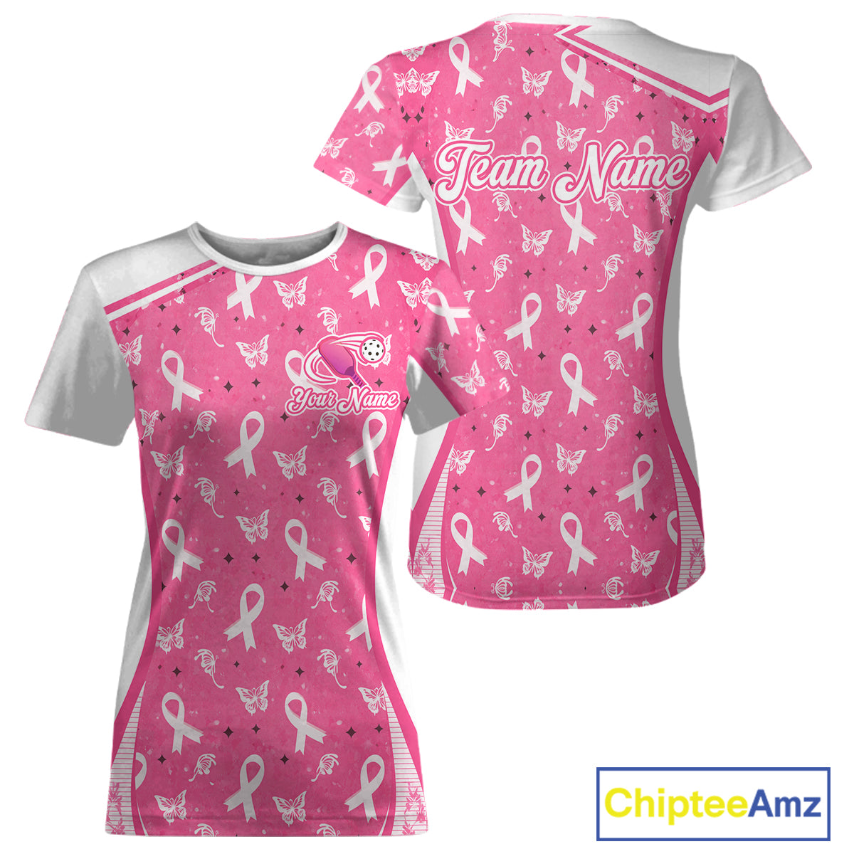 Pink Ribbon Butterfly Women's Pickleball T-Shirt, Personalized Breast Cancer Awareness Pickleball Shirt, Butterfly Charity Sports Apparel