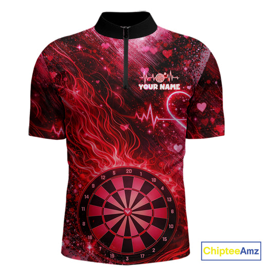 Heart Beat Red Grunge Flame Dartboard Men Darts Valentine Shirt Custom Dart 1/4-Zip Couple Gifts NYN2535