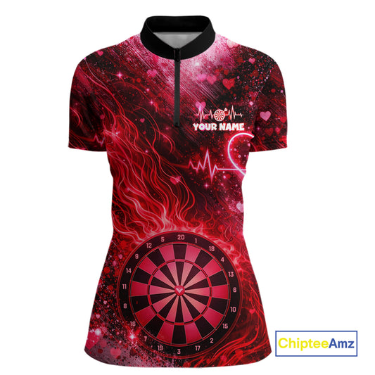 Heart Beat Red Grunge Flame Dartboard Women Darts Valentine Shirt Custom Dart 1/4-Zip Couple Gifts NYN2535
