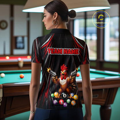 Black And Red Grunge Rooster Gun 8 Ball Women Billiard Polo Shirts Custom Funny Billiard Team Apparel NYN3297