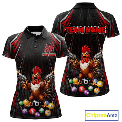 Black and red rooster gun 8 ball billiard shirt for women funny pool apparel
