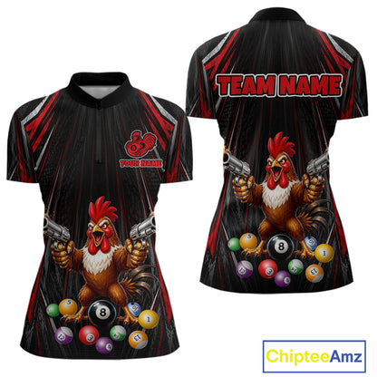 Black and red rooster gun 8 ball billiard shirt for women funny pool apparel