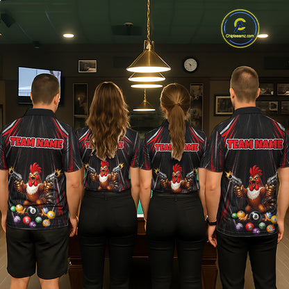 Black And Red Grunge Rooster Gun 8 Ball Women Billiard Polo Shirts Custom Funny Billiard Team Apparel NYN3297