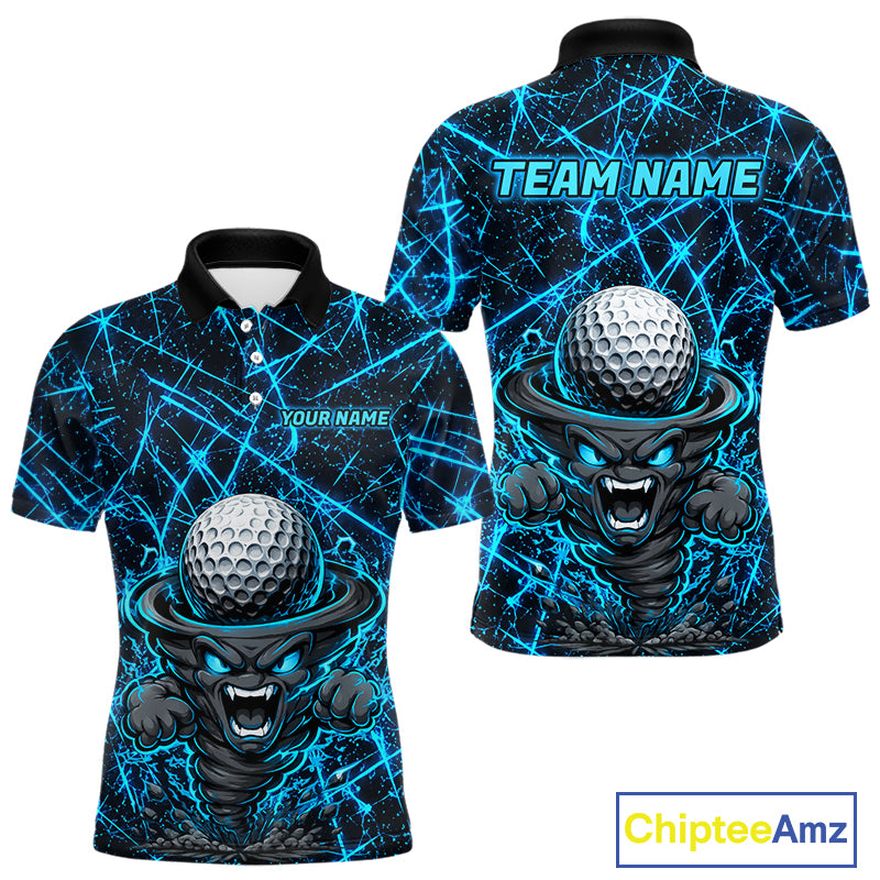 Men's funny tornado golf polo shirt, lightning strike golf apparel, blue UPF golf shirt, custom golf team polo, performance golf clothing