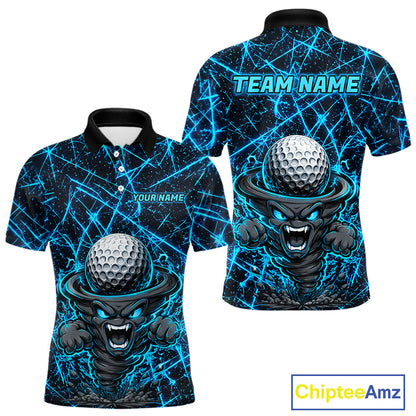 Men's funny tornado golf polo shirt, lightning strike golf apparel, blue UPF golf shirt, custom golf team polo, performance golf clothing