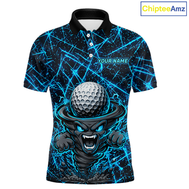 Men's funny tornado golf polo shirt, lightning strike golf apparel, blue UPF golf shirt, custom golf team polo, performance golf clothing