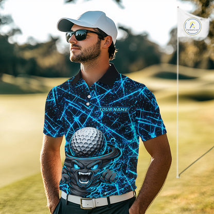 Male golfer wearing tornado lightning golf polo shirt, UPF golf apparel, men's golf tournament outfit