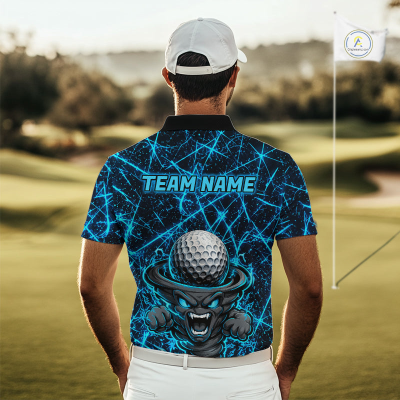 Male golfer wearing tornado lightning golf polo shirt, UPF golf apparel, men's golf tournament outfit