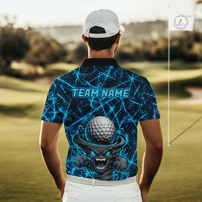 Male golfer wearing tornado lightning golf polo shirt, UPF golf apparel, men's golf tournament outfit