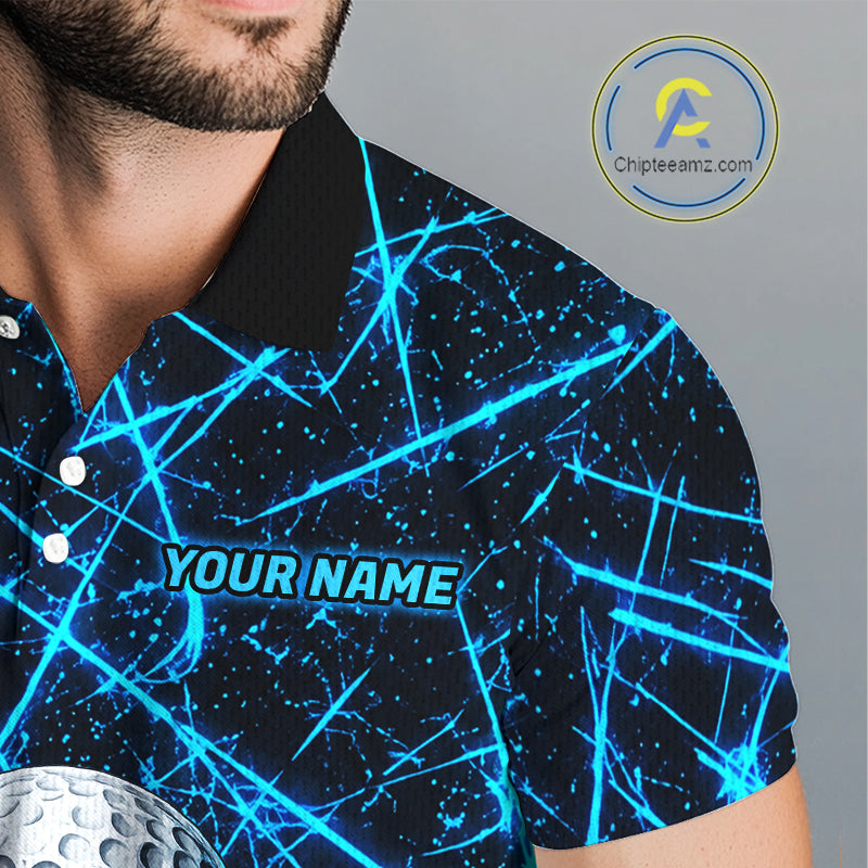Male golfer wearing tornado lightning golf polo shirt, UPF golf apparel, men's golf tournament outfit