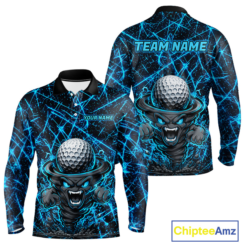 Men's funny tornado golf long sleeves polo shirt, lightning strike golf apparel, blue UPF golf shirt, custom golf team polo, performance golf clothing