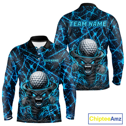 Men's funny tornado golf long sleeves polo shirt, lightning strike golf apparel, blue UPF golf shirt, custom golf team polo, performance golf clothing