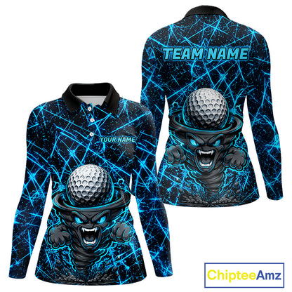 Women's funny tornado golf long sleeves polo shirt, lightning strike golf apparel, blue UPF golf shirt, custom golf team polo, performance golf clothing