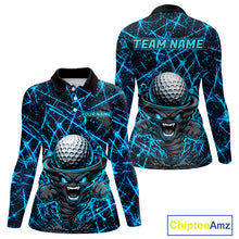 Load image into Gallery viewer, Women's funny tornado golf long sleeves polo shirt, lightning strike golf apparel, blue UPF golf shirt, custom golf team polo, performance golf clothing