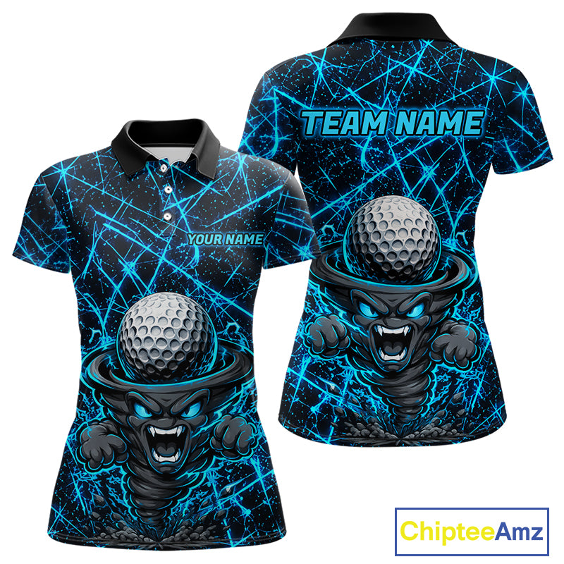 Women's funny tornado golf short sleeves polo shirt, lightning strike golf apparel, blue UPF golf shirt, custom golf team polo, performance golf clothing
