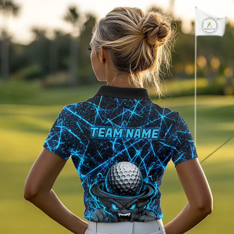 Female golfer wearing tornado lightning golf polo shirt, UPF golf apparel, women's golf tournament outfit