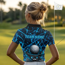 Load image into Gallery viewer, Female golfer wearing tornado lightning golf polo shirt, UPF golf apparel, women's golf tournament outfit
