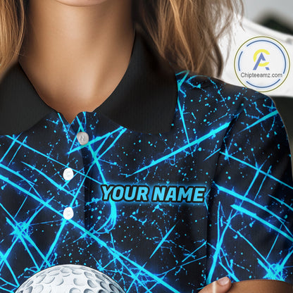 Female golfer wearing tornado lightning golf polo shirt, UPF golf apparel, women's golf tournament outfit
