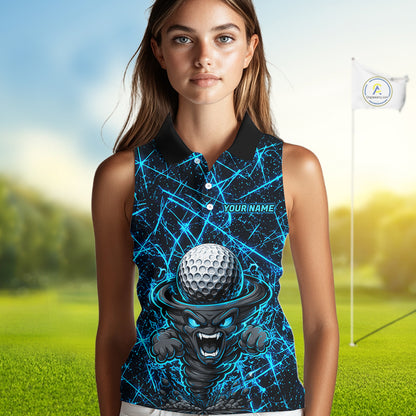 Female golfer wearing tornado lightning golf polo shirt, UPF golf apparel, women's golf tournament outfit