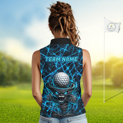 Female golfer wearing tornado lightning golf polo shirt, UPF golf apparel, women's golf tournament outfit