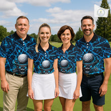 Load image into Gallery viewer, Men women golf team wearing matching tornado lightning golf polo shirts, golf team uniforms, performance golf apparel
