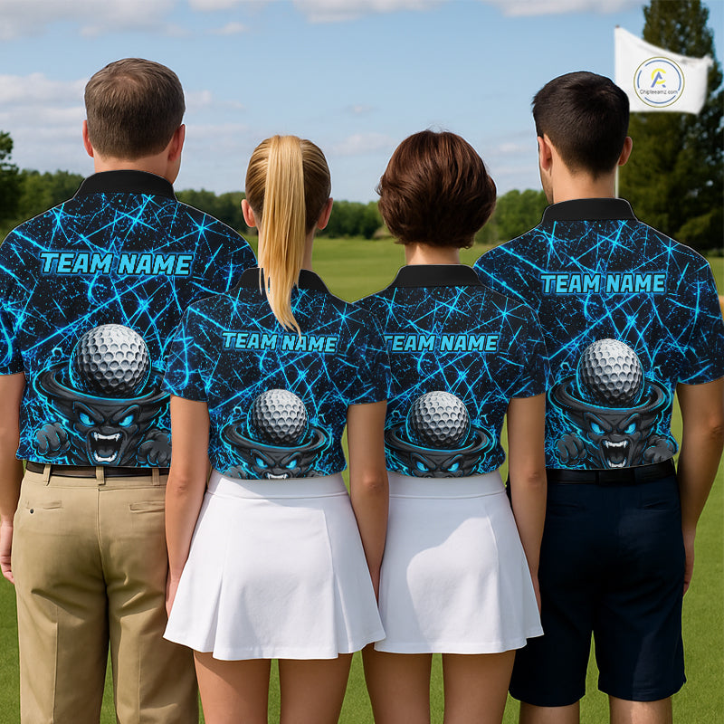 Men women golf team wearing matching tornado lightning golf polo shirts, golf team uniforms, performance golf apparel