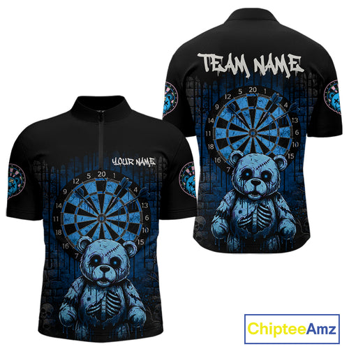 Black And Blue Dripping Creepy Bear Grunge Custom Quarter-Zip Dart Shirt For Men Dart Jerseys NYN2022