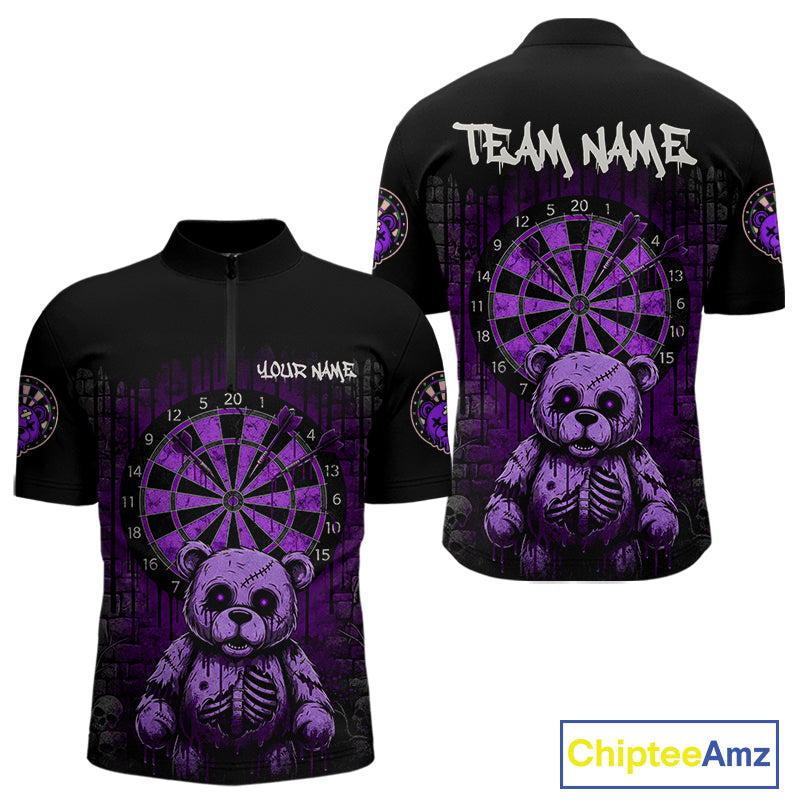 Black And Purple Dripping Creepy Bear Grunge Custom Quarter-Zip Dart Shirt For Men Dart Jerseys NYN2023