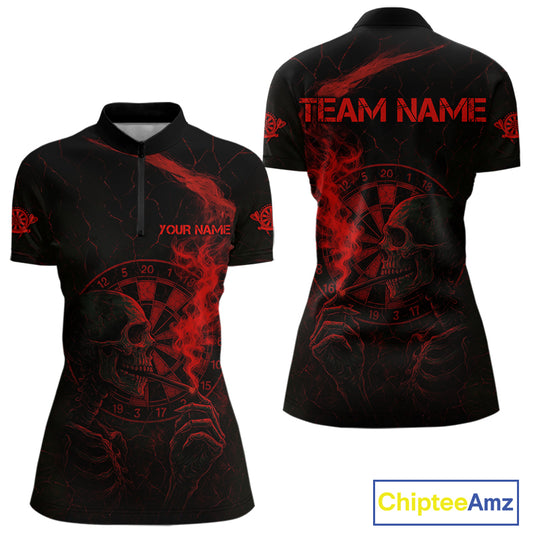 Red Smoking Skeleton Bone Cracked Dartboard Custom Women Quarter-Zip Dart Jerseys Dart Gifts NYN2033