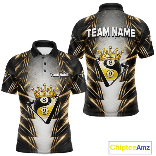 Grey, Black And Gold 8 Ball Crown Billiard Polo & 1/4 Zip Shirt For Men Custom Pool Team Jersey NYN2921