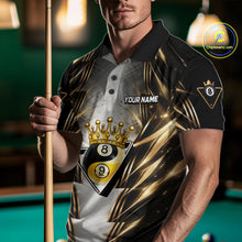 Load image into Gallery viewer, Grey, Black And Gold 8 Ball Crown Billiard Polo &amp; 1/4 Zip Shirt For Men Custom Pool Team Jersey NYN2921