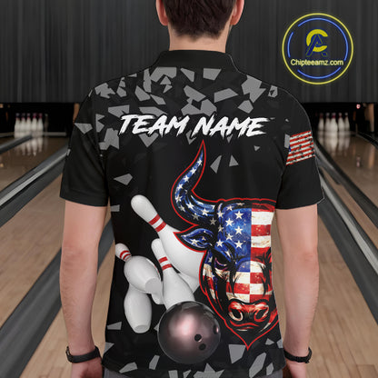 Funny US Flag Bull Grunge Bowling Polo & 1/4 Zip Shirts For Men Custom Team Bowling Jerseys NYN3130