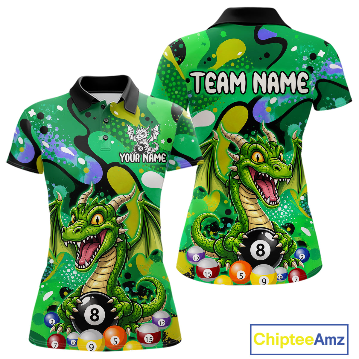 Green splatter funny dragon 8 ball billiard shirt for women custom pool team jersey