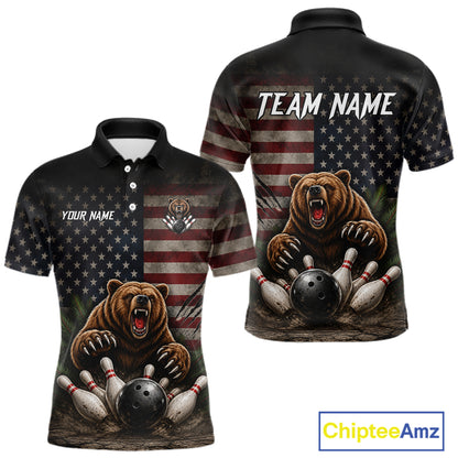 Funny retro bear men's bowling polo shirt, American flag bowling jersey, patriotic bowling team uniform, custom bowling apparel, personalized bowling league shirt