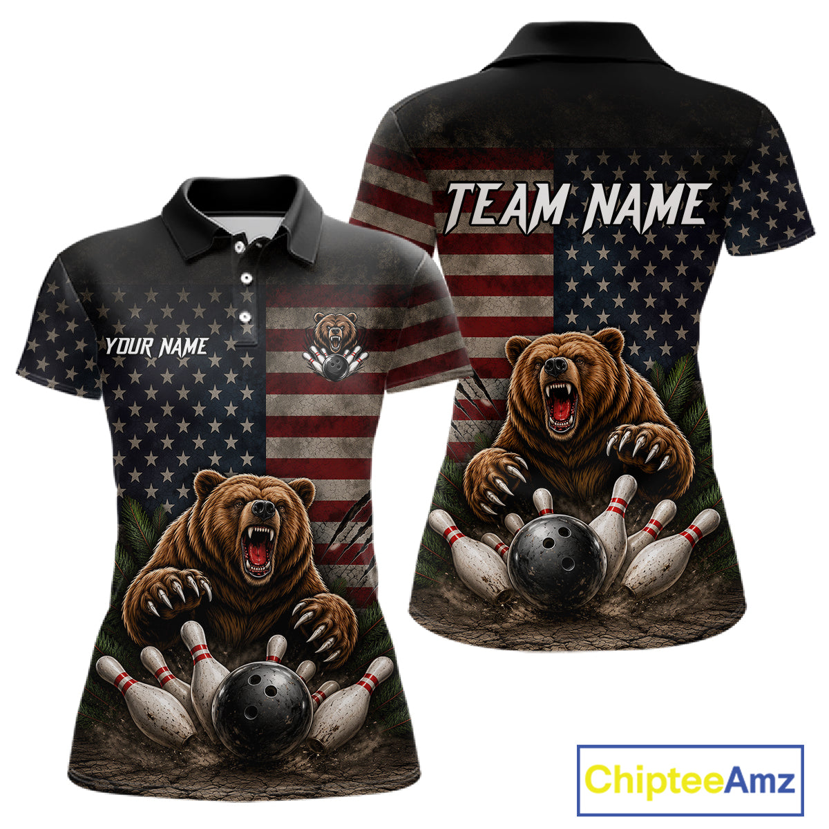 Funny retro bear women's bowling polo shirt, American flag bowling jersey, patriotic bowling team uniform, custom bowling apparel, personalized bowling league shirt