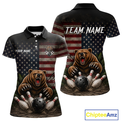 Funny retro bear women's bowling polo shirt, American flag bowling jersey, patriotic bowling team uniform, custom bowling apparel, personalized bowling league shirt