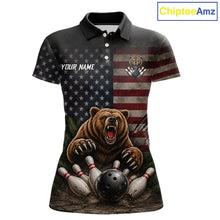 Load image into Gallery viewer, Funny retro bear women's bowling polo shirt, American flag bowling jersey, patriotic bowling team uniform, custom bowling apparel, personalized bowling league shirt