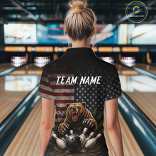 Load image into Gallery viewer, Female bowler wearing funny retro bear American flag bowling jersey, patriotic bowling shirt, custom bowling league apparel