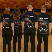 Load image into Gallery viewer, Men women bowling team wearing matching funny retro bear patriotic bowling jerseys, custom bowling team uniforms, league bowling apparel
