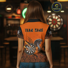 Load image into Gallery viewer, Black &amp; Orange Leather Cobra Darts Custom Women Dart Polo Jersey Splatter Dart League Shirt NYN2046