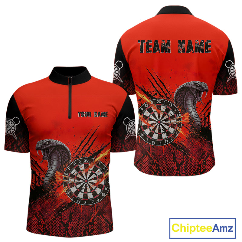 Black & Red Leather Cobra Darts Custom Men Dart 1/4-Zip Jersey Splatter Dart League Shirt NYN2047